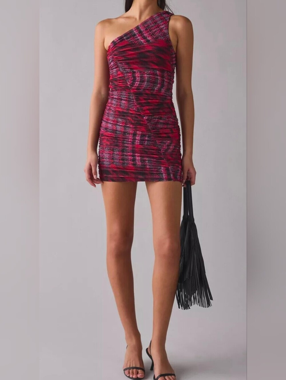 AFRM Emery One-Shoulder Ruched Mesh Bodycon Mini Dress - Dark Red - Size Small